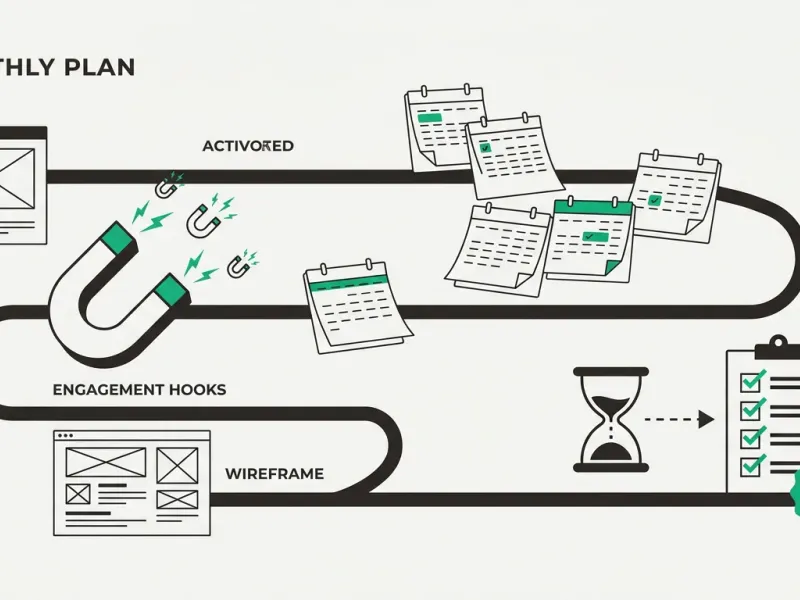 Illustration of a monthly content plan: an idea magnet pulling in engagement hooks, a wireframe post, dated calendar cards and an hourglass feeding into a completed checklist