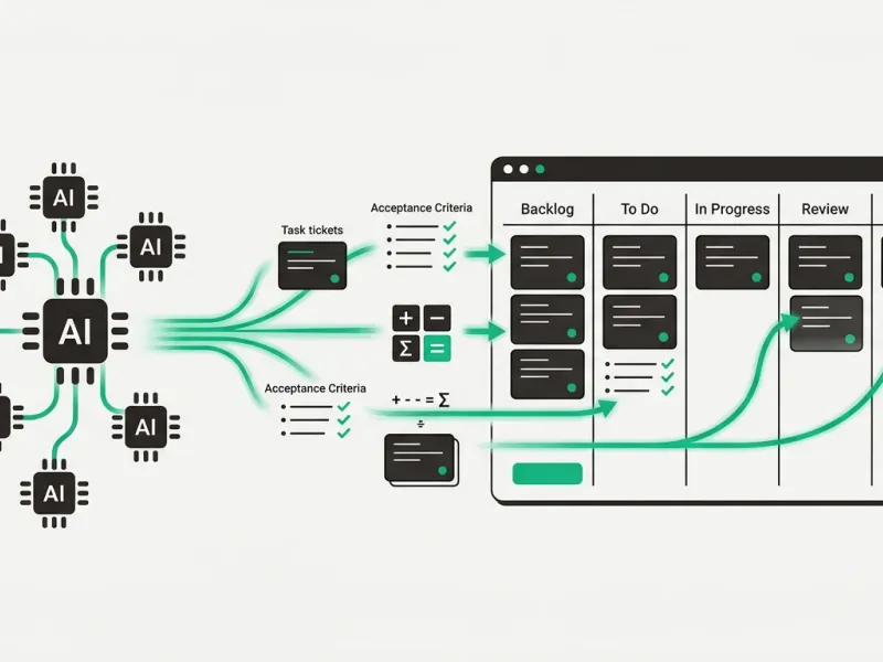 Illustration of AI agents feeding task tickets and acceptance criteria into a five-column sprint board running from Backlog to Done