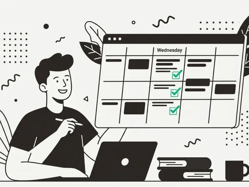 Illustration of a student at a laptop pointing to a weekly study calendar with completed tasks checked off in green